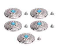 Blue Turquoise Screw Back Button, 30mm Round Conchos with Silver Flower Design, 5 Sets with 4.5mm Screws - Durable Zinc Alloy, Easy Installation for Leather Crafts