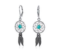 Blue Turquoise Western Jewelry Native American Indian Dream Catcher Feather Dangle Earrings For Women Teen .925 Sterling Silver