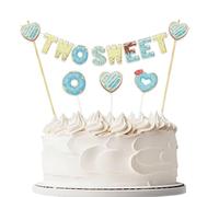 Blue Two Sweet Donut Cake Bunting Banner,6ps Pre-Strung Doughnut 2nd Birthday Cake Topper Garland & Cupcake Toppers,Donut Ice Cream Second Birthday Party Decorations