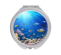 Blue Underwater Coral Reef Fishes Sunlight Folding Make Up Mirror, Compact 2X/1X Magnification Mirror, Women Portable Travel Makeup Mirror 2.4 x 2.4 inch