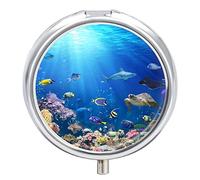 Blue Underwater Coral Reef Fishes Sunlight Iron Pill Box Case Organizer with Internal Separate Plastic Dividers, Travel Small Medicine Bag Holder Carrier Round Container