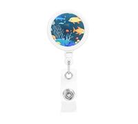 Blue Underwater World of Fish Print Badge Holder Retractable Reel, with ID Alligator Clip Rotatable Buckle, for Nurse Teacher