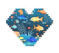 Blue Underwater World of Fish Print Building Brick Block Puzzle - Heart Shaped Picture Puzzles, Wooden Picture Jigsaw Puzzles