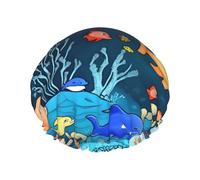 Blue underwater world of fish Printed shower cap, reusable, specially designed for women's long hair, double-layer structure, suitable for bathing.