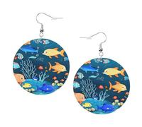 Blue underwater world of fish Prints Leather round earrings Pendant Stylish and beautiful Lightweight Dangle for Women Girls