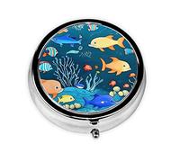 Blue Underwater World of Fish Round Pill Box. Portable Daily Medication Organizer, Travel-Friendly Design.