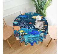 Blue Underwater World of Fish Round Tablecloth 60in - Suitable for Table Decoration, Buffet Parties and Camping - for Protecting Andecorating