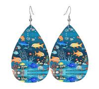 Blue underwater world of fish Teardrop-shaped leather earrings, clothing decoration, suitable for festival parties, holidays and daily life