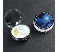 Blue Universe Space Galaxy Pill Box 3 Compartment Round Portable Pill Case for Pocket or Purse Pill Holder Weekly Pill Organizer Decorative Metal Medicine Vitamin Organizer Travel Gift