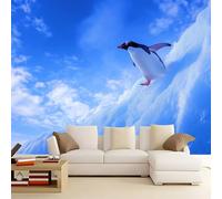 Blue Unpasted Mural Wallpaper, Animals Snow Capped Mountains Penguins Wall Decor, Non-Woven Photo Backdrop for Living Room & Bedroom 250 x 175 cm (W x H)