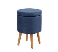 Blue Upholstered Footrest Stool - Space-Saving Round Makeup Vanity Chair with Removable Linen Cover & Sturdy Wooden Legs for Living Room & Bedroom (32x50cm)