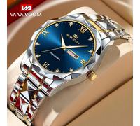 (blue) VA VA VOOM Quartz Watch Men Top Brand High Quality Stainless Steel 30M Waterproof Luminous Date Week Sports Business Wristwatches