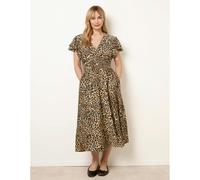 Blue Vanilla Animal Double Frill Shirred Waist Midi Dress - S - Brown