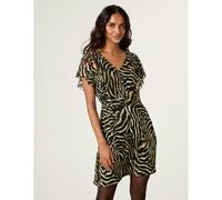 Blue Vanilla Women's Brown Animal Print Frill V Neck Mini Mesh Dress | Size: Medium Blue Vanilla Brown M