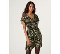 Blue Vanilla Animal Print Frill V Neck Mini Mesh Dress - S - Brown