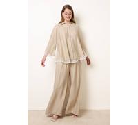 Blue Vanilla Women's Beige Oversize Crinkle Lace Hem Shirt Blue Vanilla Beige One Size