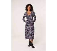 Blue Vanilla Black Floral V Neck Wrap Long Sleeve Midi Dress Black M/L