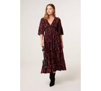 Blue Vanilla Black Paisley Shirred Waist V Neck Midi Dress Black L/XL