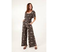 Blue Vanilla Black Palm Tree Print Square Neck Shirred Jumpsuit Black L/XL