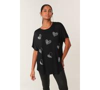 Blue Vanilla Black Round Neck Diamante Heart Detailing T-Shirt Black S/M