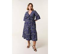 Blue Vanilla Blue Curve Elasticated V Neck Tassel Tie Midi Dress Blue 18-20