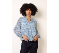Blue Vanilla Grandad Tie Neck Puff Hem Watercolour Blouse - S - Blue