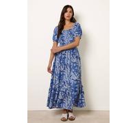 Blue Vanilla Large Floral Printed Square Neck Puff Sleeve Dress - L-XL - Blue