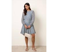 Blue Vanilla Puff Sleeve Godet Dress With Self Tie - UK 8 - Blue