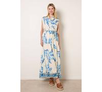 Blue Vanilla Leaf Print Collarless Shirt Dress With Belted Waist - S-M - Blue