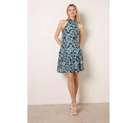 Blue Vanilla Tiered Halter Neck Aztec Belted Mini Dress - UK 10 - Blue