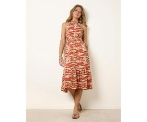 Blue Vanilla Blurred Tiered Halter Neck Midi Dress - L - Rust