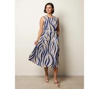 Blue Vanilla Bold Wave Print Belted Dress - L - Navy