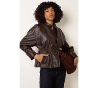 Blue Vanilla Collared Shirred Waist Faux Leather Jacket - L - Brown