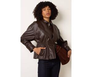 Blue Vanilla Brown Collared Shirred Waist Faux Leather Jacket Brown S