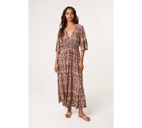Blue Vanilla Brown Elasticated Neck Shirred Waist Midi Dress Brown