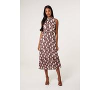 Blue Vanilla Brown High Neck Geometric Print Pleated Dress Brown S