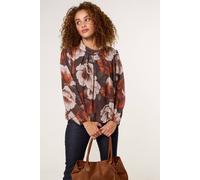 Blue Vanilla Brown Large Watercolour Floral Cowl Neck Puffball Blouse Brown M/L