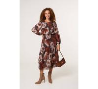 Blue Vanilla Brown Large Watercolour Floral Scoop Neck Puffball Pleated Dress Brown