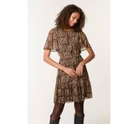 Blue Vanilla Brown Leopard Print Mesh Crew Neck Mini Dress Brown S