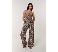Brown Leopard Print Shirred Waist Jumpsuit Blue Vanilla Brown S/M