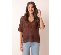 Blue Vanilla Brown Metallic Crochet V Neck Top Brown