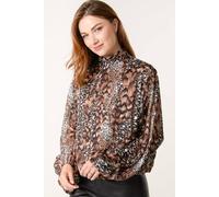Blue Vanilla Women's Brown Multi Animal Print Bubble Hem High Neck Blouse | Size: Small Blue Vanilla Brown S
