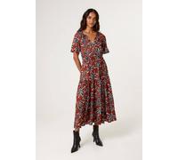 Blue Vanilla Brown Notch Neck Elastic Tropical Print Dress Brown S