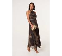 Blue Vanilla Brown Printed Mesh Halter Neck Belted Maxi Dress Brown S