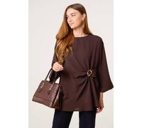Blue Vanilla Brown Short Detail Side Gathered Blouse Slip On Round Neck Brown