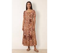 Blue Vanilla Tie Front Shirred Midi Dress - S - Brown