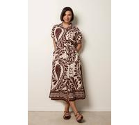Blue Vanilla Tropical Leaf Print Belted Shirt Dress - L - Brown