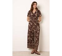 Blue Vanilla Brown Tropical Print Shirred Waist Elasticated V-Neck Jumpsuit Brown S