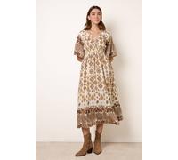 Blue Vanilla Brown V Neck Border Print Dress Multi