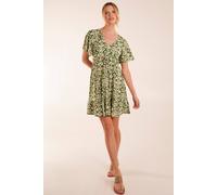 Blue Vanilla Button Through Elastic Waist Mini Dress In Khaki Khaki S